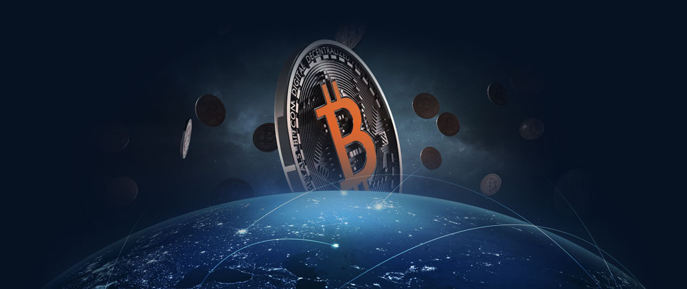 Imagem do mundo com uma moeda bitcoin